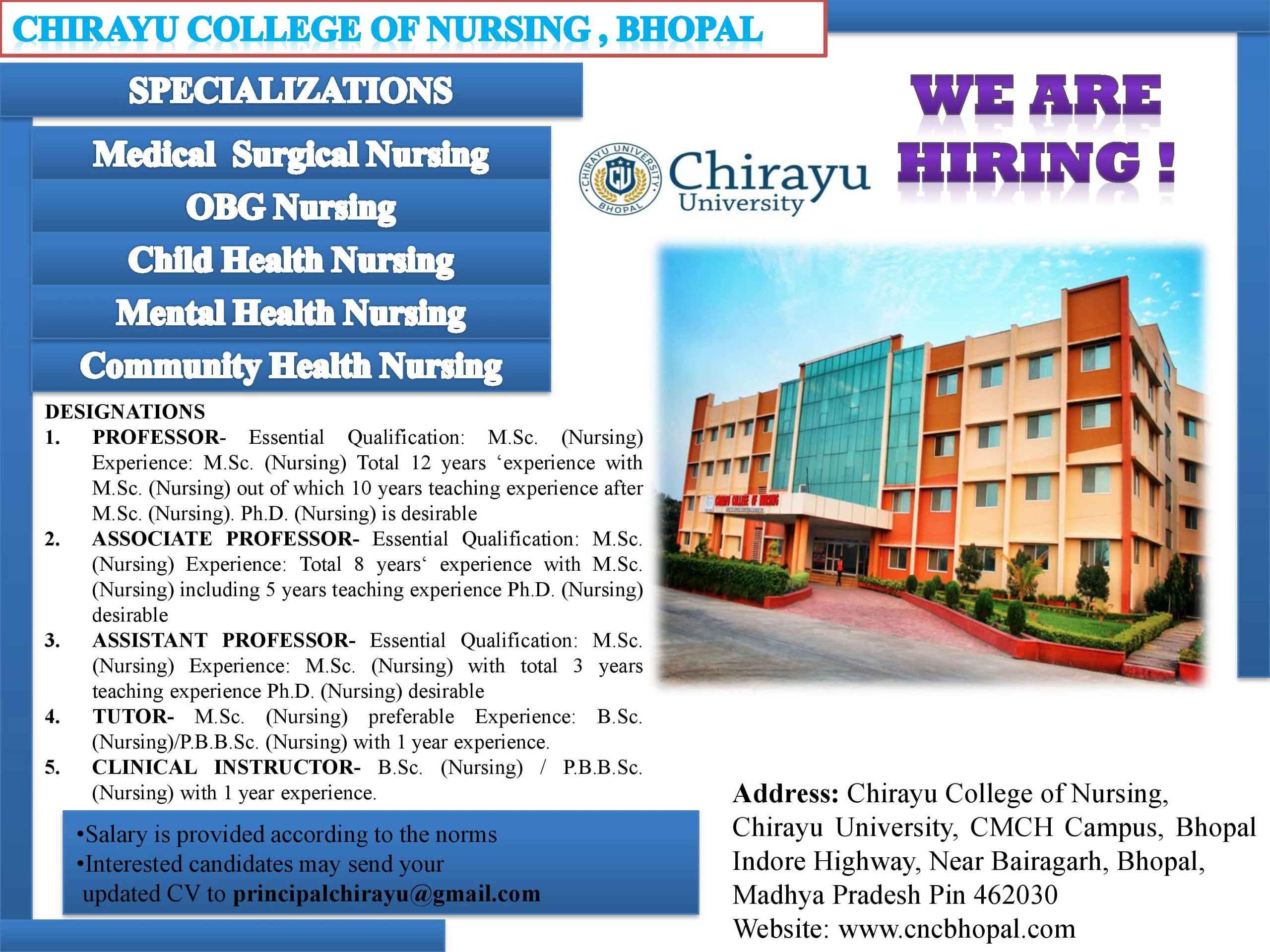 We are hiring — Chirayu College of Nursing, Bhopal